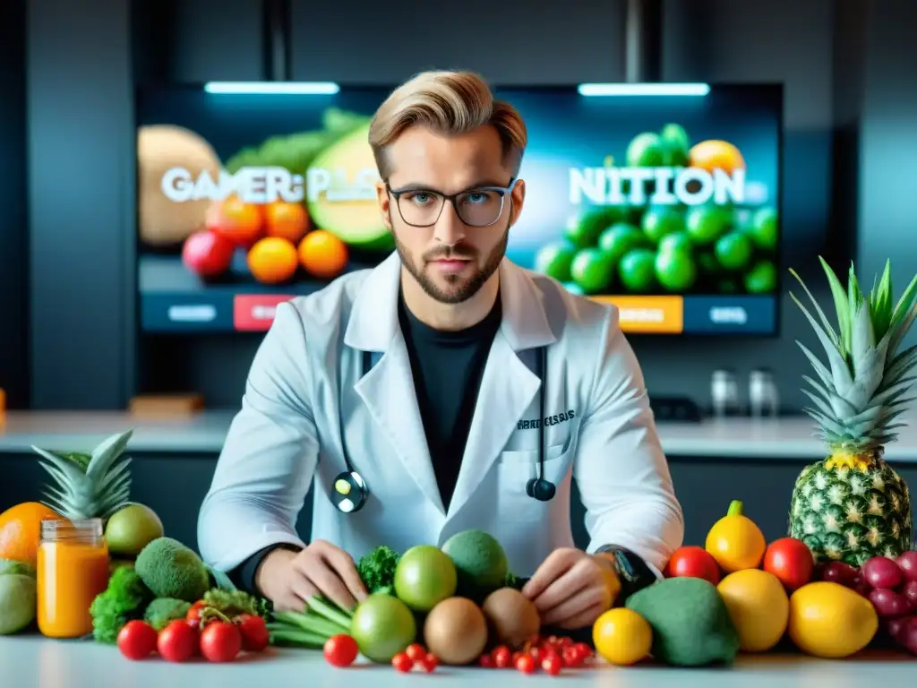 Un nutricionista de eSports crea un plan de comidas para gamers en una cocina moderna