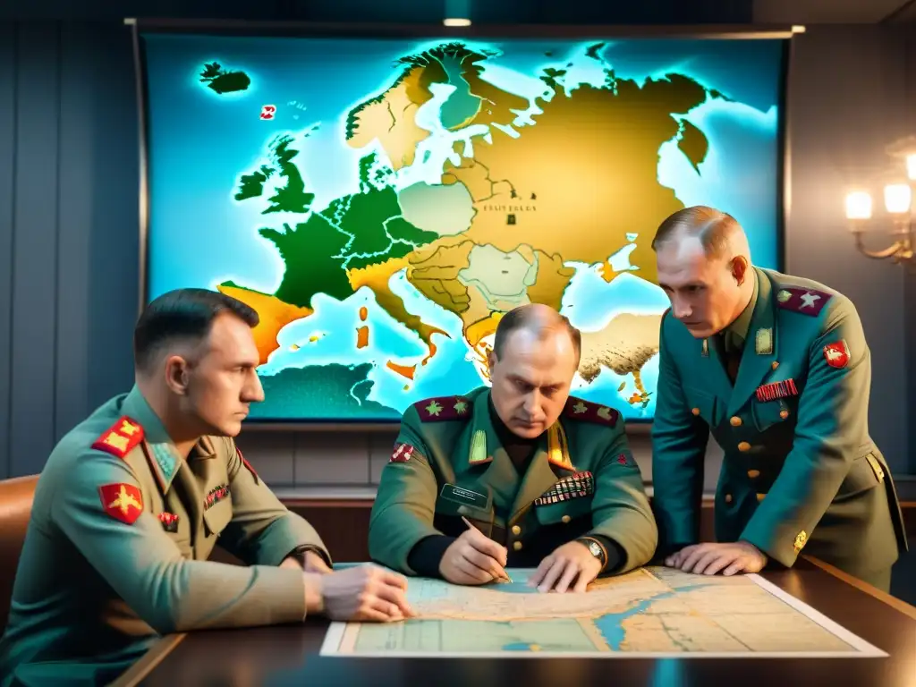 Oficiales rusos en sala de guerra de la Segunda Guerra Mundial discuten estrategia con piezas de Chapayev