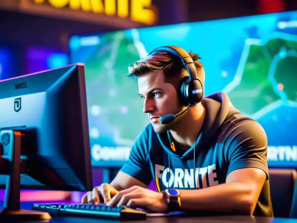 Los ojos concentrados de un jugador de Fortnite durante un torneo, rodeado de gear gaming