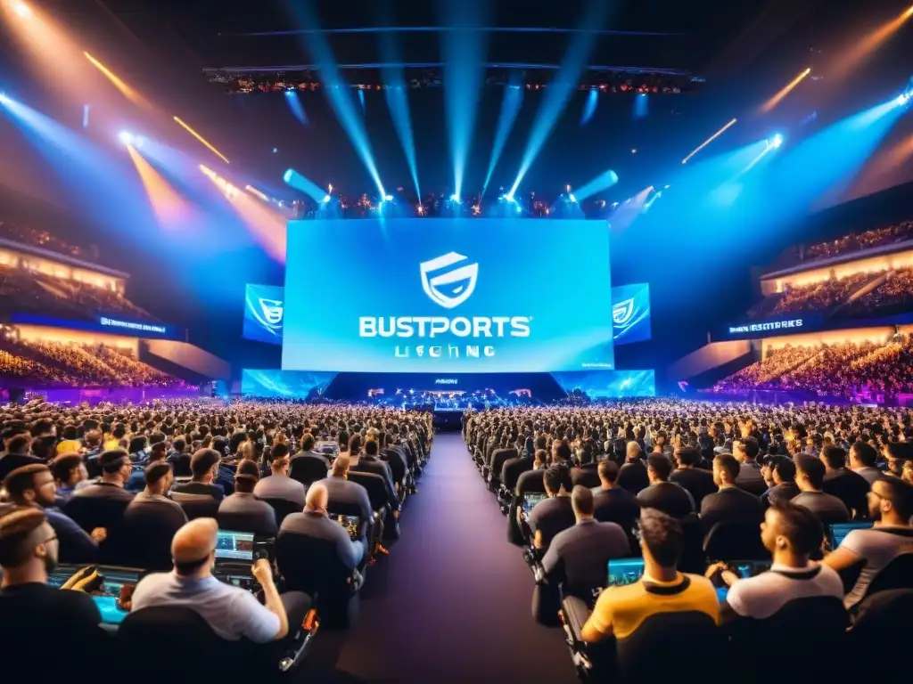 Oportunidades laborales en eSports: Jugadores concentrados en torneo, multitud animando y luces LED vibrantes