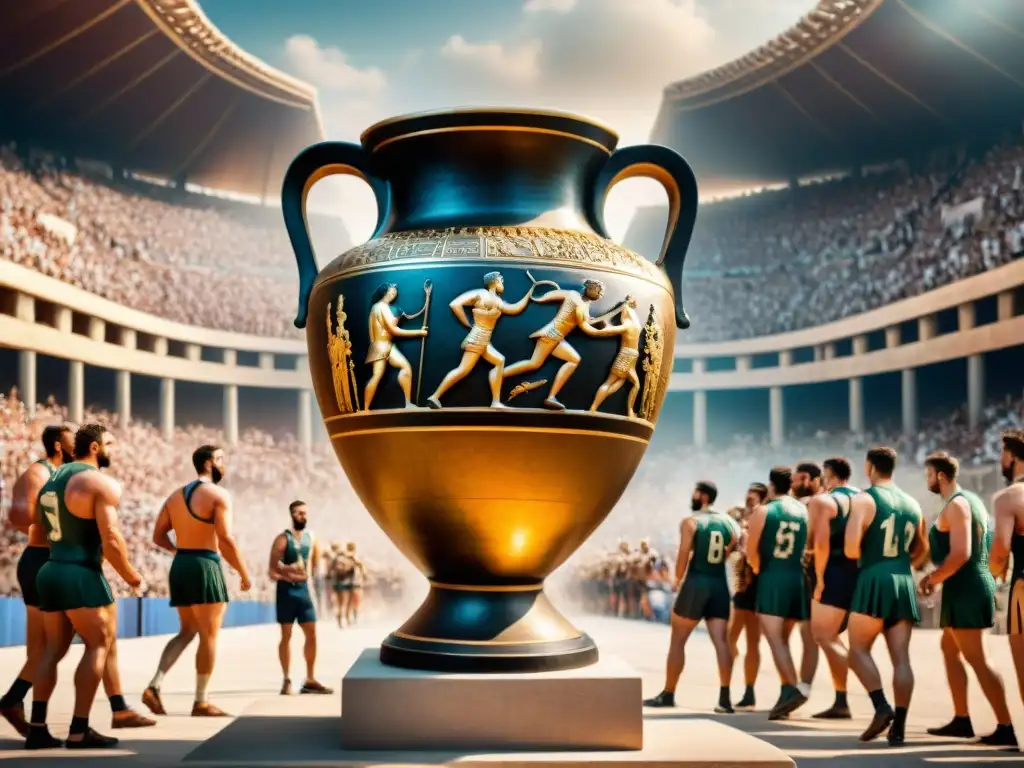 Origen histórico de medallas deportivas y trofeos en una ánfora griega detalladamente tallada