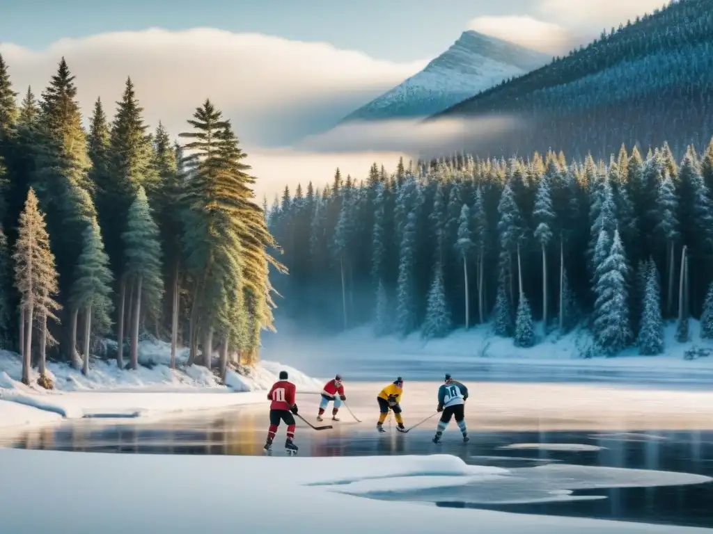 Origen del hockey sobre hielo: Hombres canadienses del siglo XIX jugando apasionadamente en un lago helado, rodeados de pinos nevados