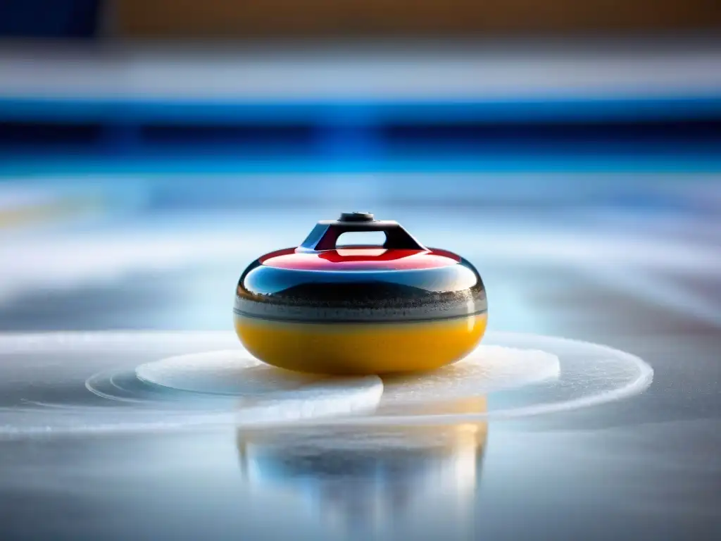 'Origen y evolución del curling: Detalle de una piedra deslizándose con gracia sobre el hielo, resaltando la precisión y estrategia en el deporte