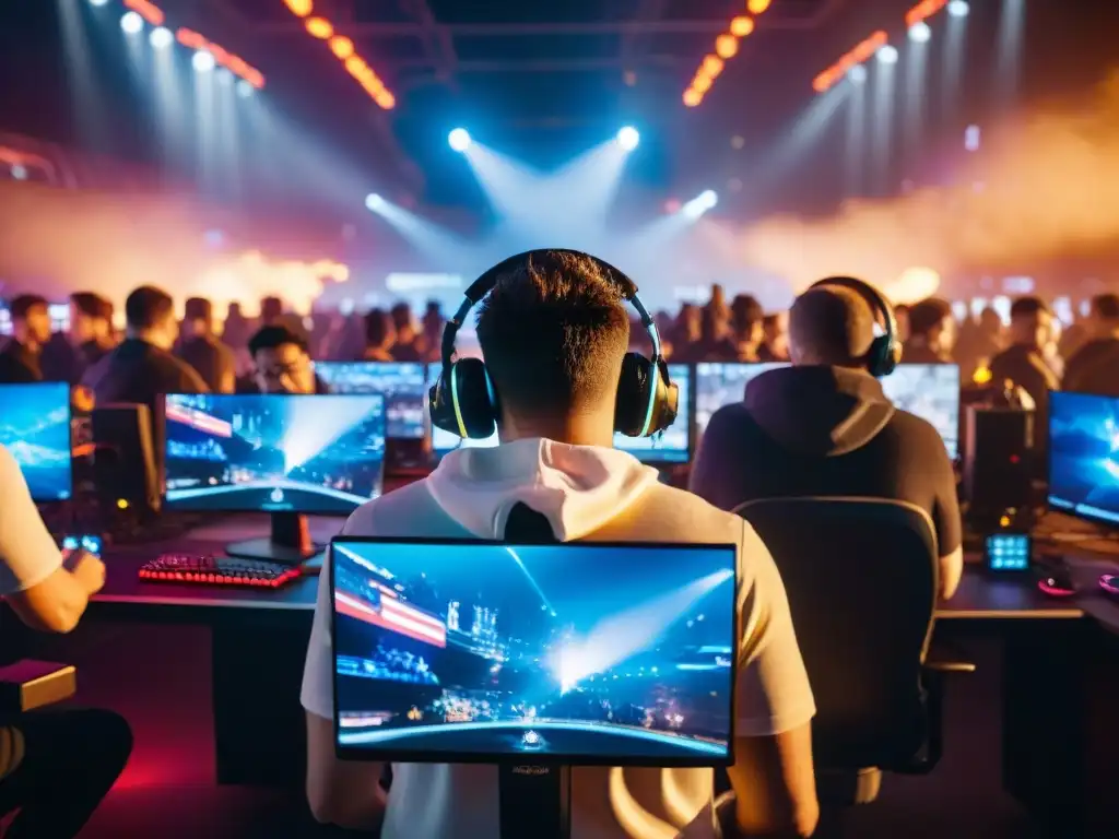 Origen de la primera competencia digital de eSports: jugadores concentrados compiten en una arena futurista iluminada por pantallas brillantes