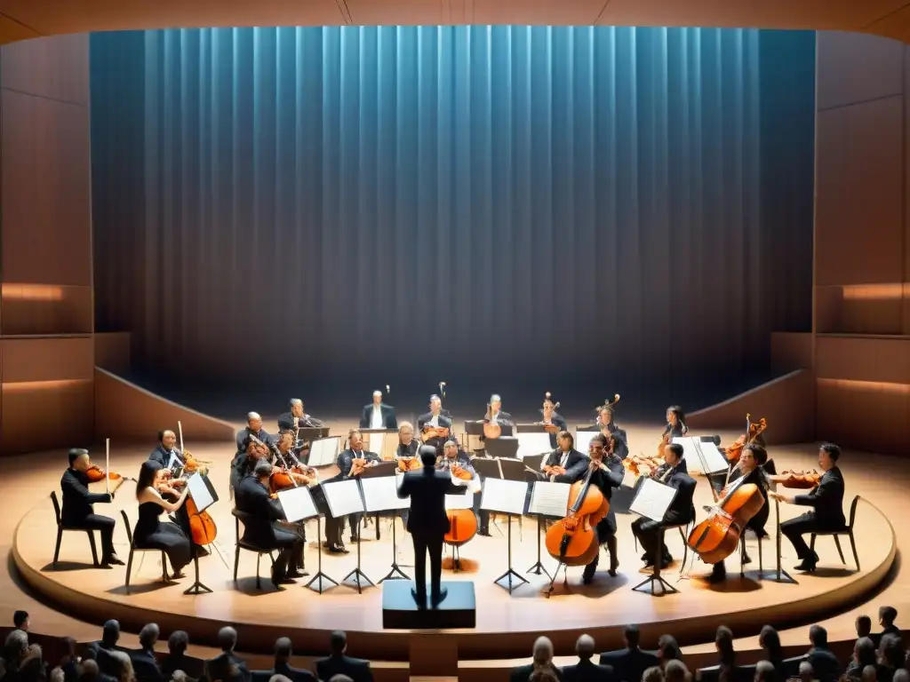 Una orquesta en vivo ejecutando con pasión, inmersa en una atmósfera mágica de notas musicales