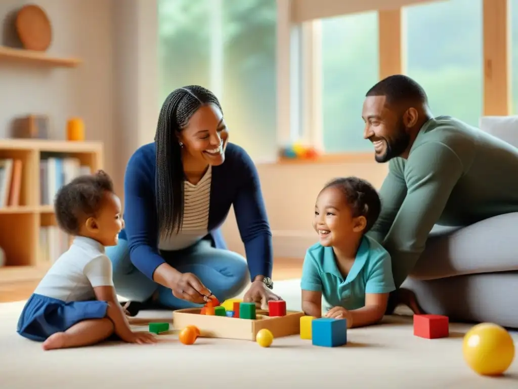 Padres disfrutan del juego educativo con sus hijos en casa, resaltando la importancia del juego educativo padres