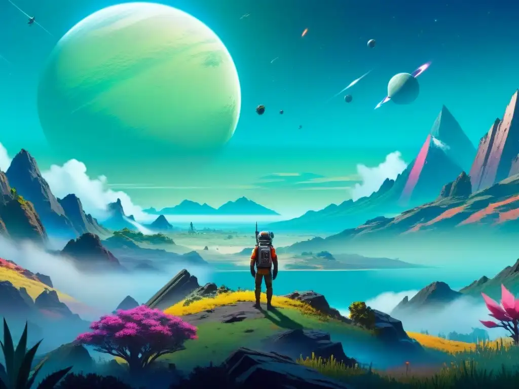 Descubre un paisaje alienígena vibrante en No Man's Sky, con flora colorida y criaturas exóticas