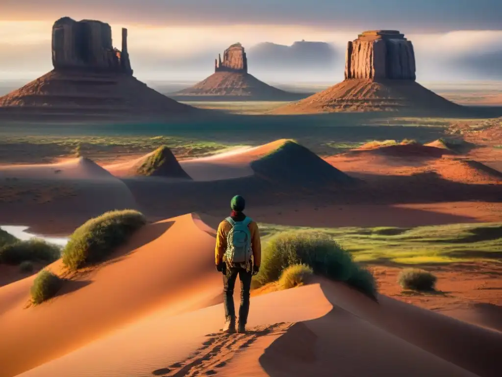 Un paisaje desértico sereno al atardecer en Monument Valley, con formaciones rocosas icónicas