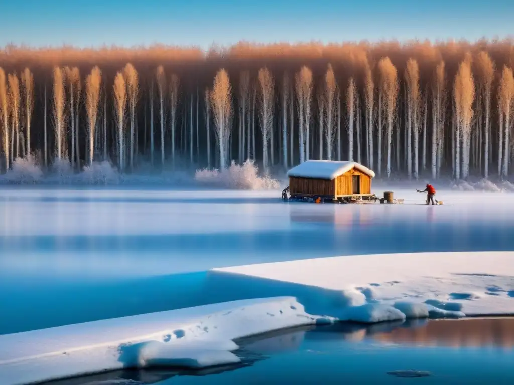 Paisaje invernal en Europa con pescadores en hielo y cabaña de madera tradicional bajo la luz matutina