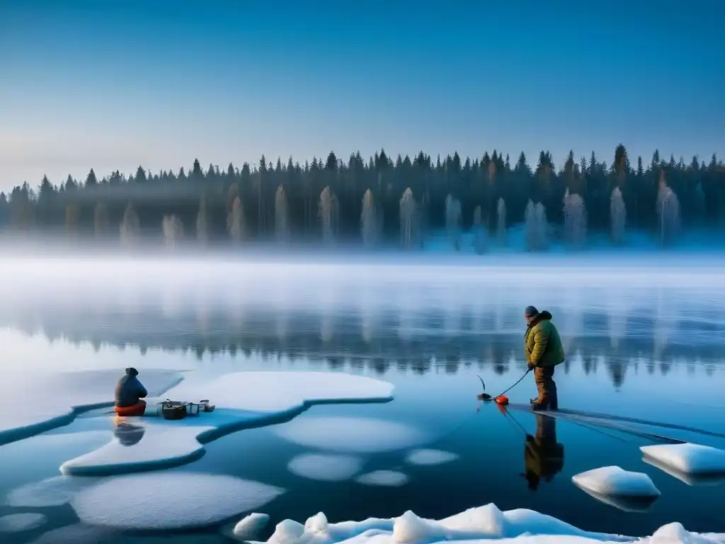 Paisaje invernal en Rusia con pescadores en hielo, creando una atmósfera intensa de pesca en hielo en Europa