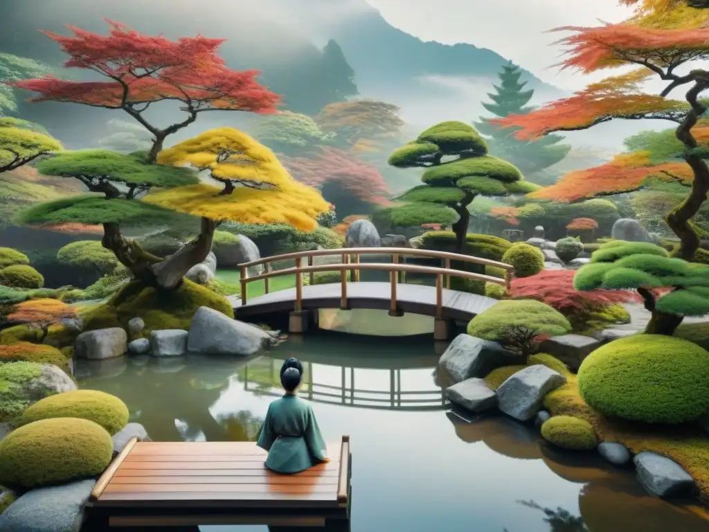 Un paisaje japonés sereno con bonsáis, un puente de madera sobre un estanque y haikus japoneses en juegos estrategia