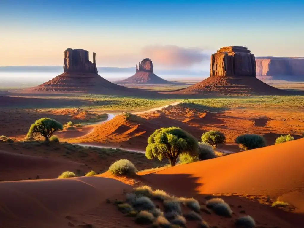 Paisaje de Monument Valley al amanecer, colores vibrantes reflejados en formaciones rocosas