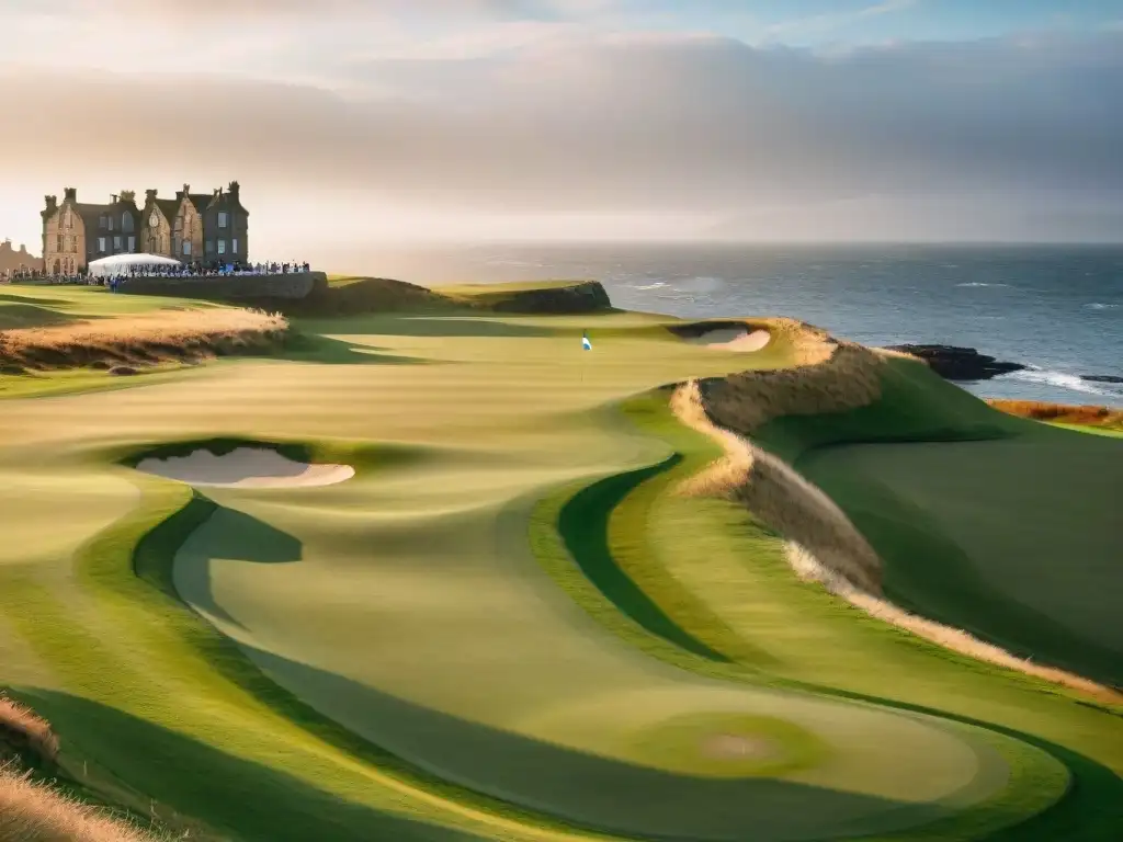 Un paisaje panorámico de los icónicos campos de golf de St Andrews en Escocia, con golfistas en traje tradicional jugando