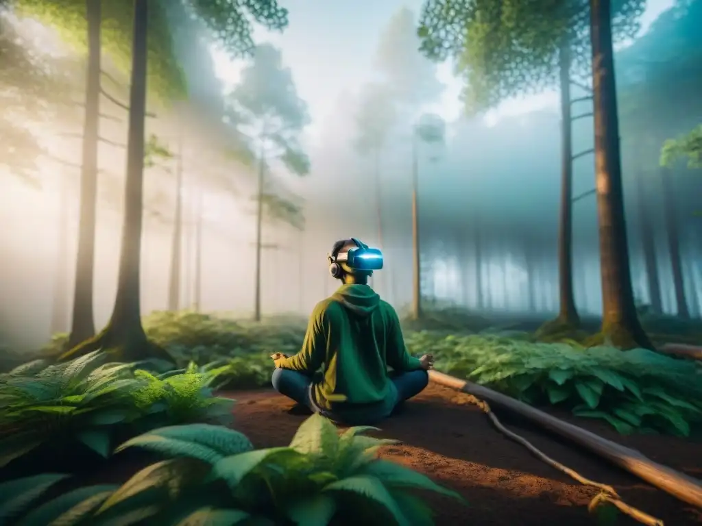 Un paisaje de realidad virtual sereno y tranquilo para meditación y autoconocimiento, con un bosque exuberante y una figura en meditación profunda