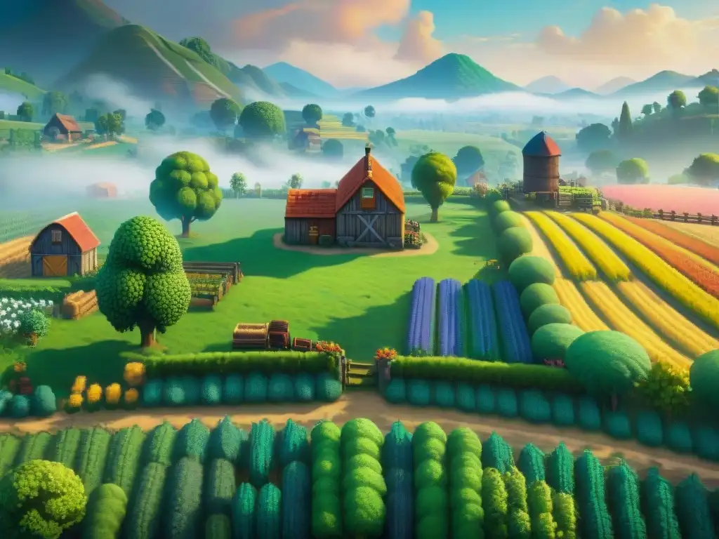 Paisaje rural sereno al amanecer, con granja, campos verdes, río y bosque