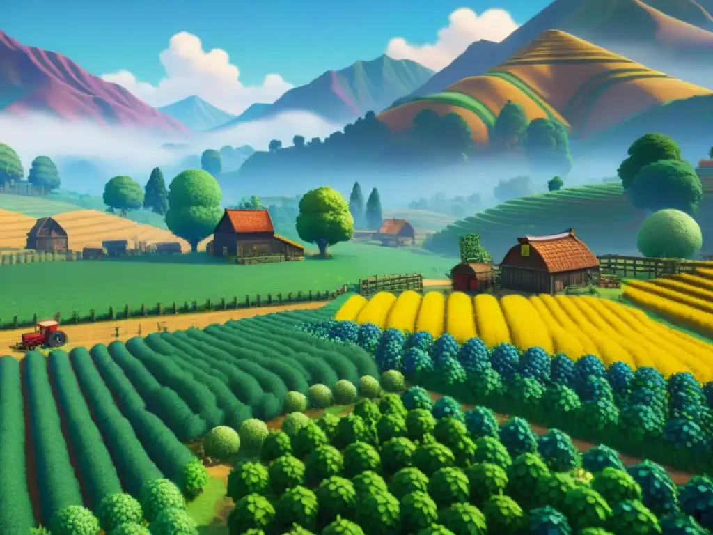 Un paisaje sereno de 'Stardew Valley', con campos verdes, granja al fondo y cielo azul