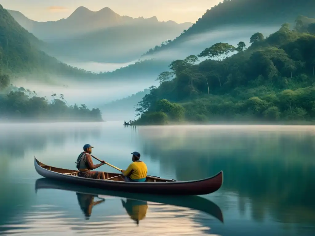 Paisaje sereno: lago al amanecer con canoa indígena y pescadores en la neblina