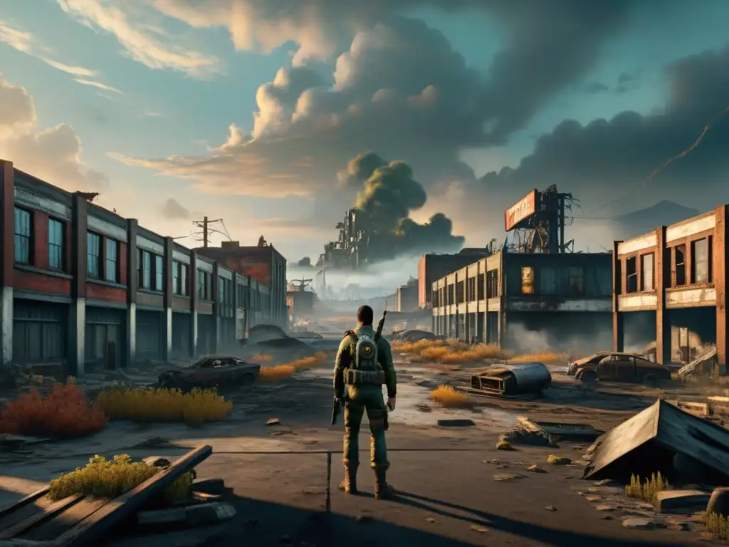 Un paisaje urbano desolado en 'Fallout 4', con edificios derruidos, vegetación invasiva y un cielo rojizo