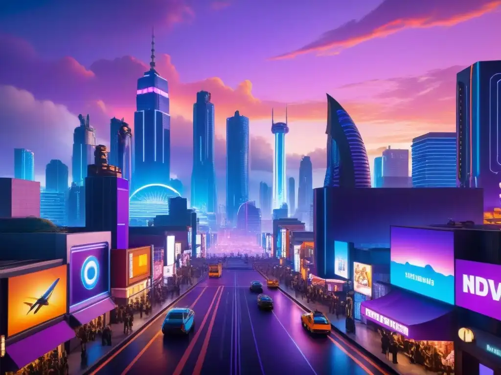 Un paisaje urbano futurista fusionando cine y videojuegos, con rascacielos, criaturas fantásticas y vehículos