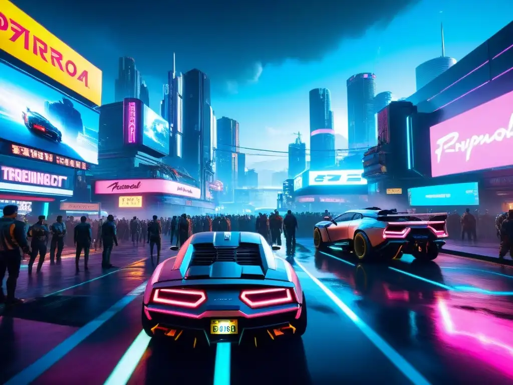 Un paisaje urbano futurista y concurrido en Cyberpunk 2077, repleto de luces de neón y rascacielos, reflejando la historia y evolución de juegos