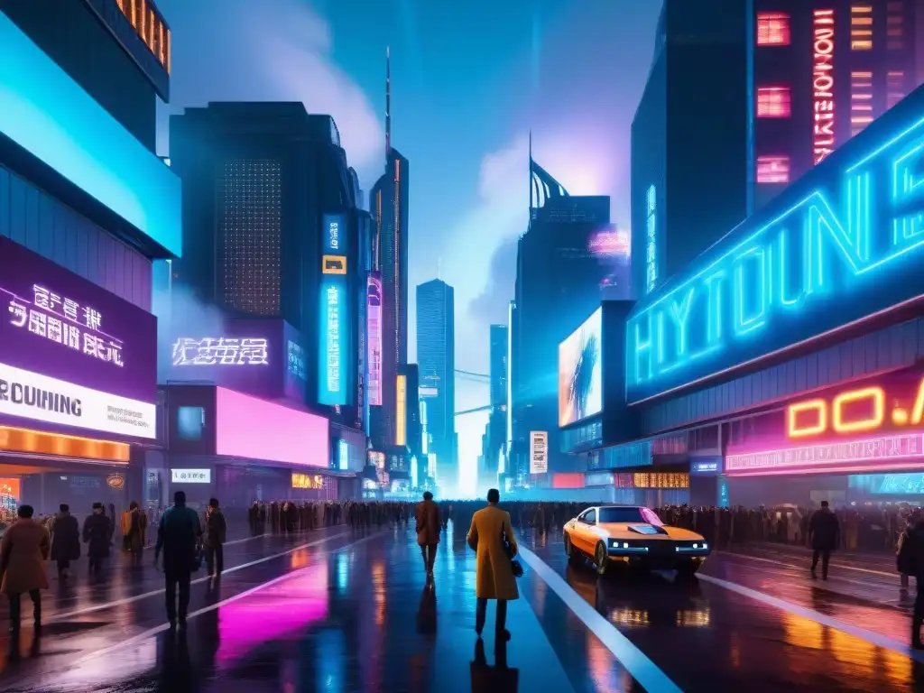 Un paisaje urbano futurista con luces de neón y anuncios holográficos, reflejando la influencia del ciberpunk en videojuegos