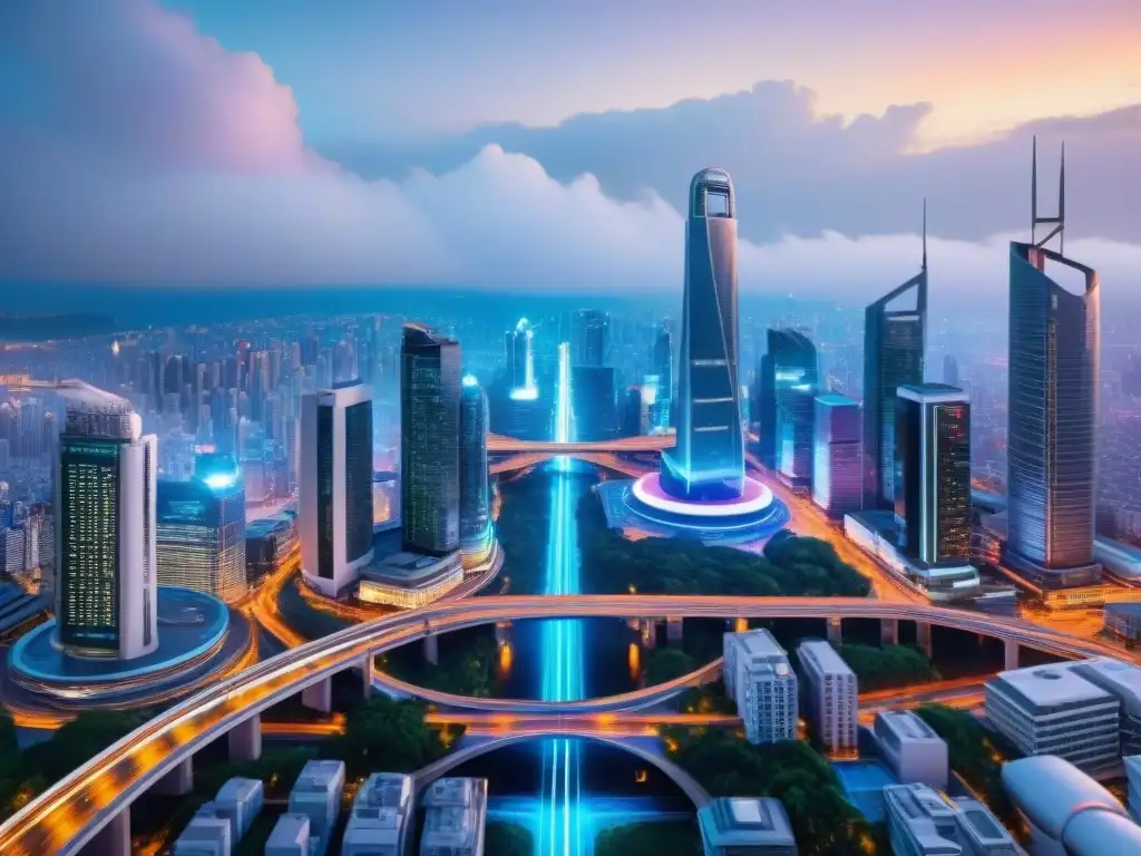 Un paisaje urbano futurista con rascacielos interconectados por redes de luces neón, vehículos autónomos y drones controlados por IA