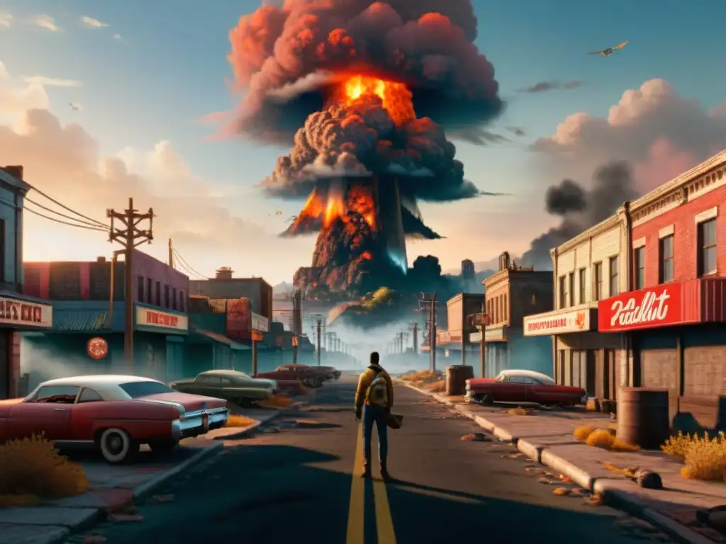 Un paisaje urbano postapocalíptico en 'Fallout 4', con edificios derruidos, autos volcados y una nube nuclear