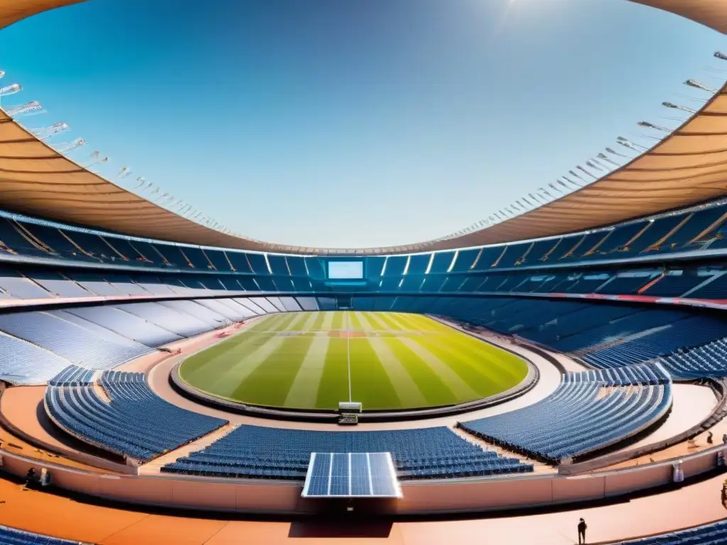 Panorámica de un estadio lleno de espectadores, atletas compitiendo en pista, rodeado de paneles solares y turbinas eólicas