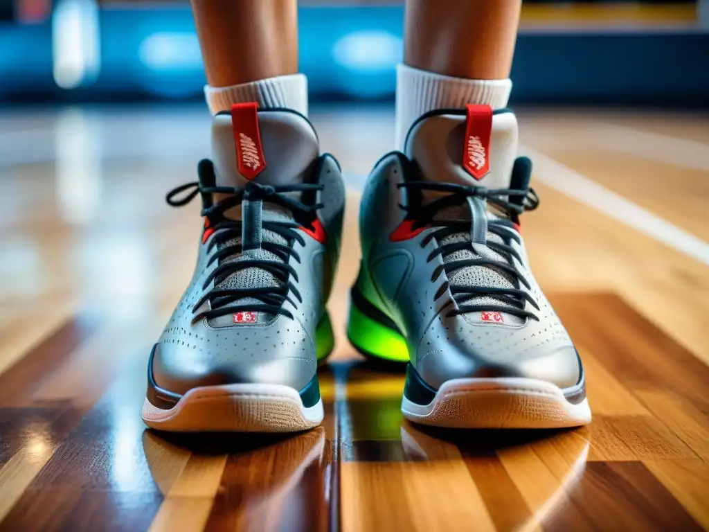 Un par de zapatillas de baloncesto desgastadas en un suelo de madera rodeadas de balones y gotas de sudor, historias detrás de accesorios deportivos