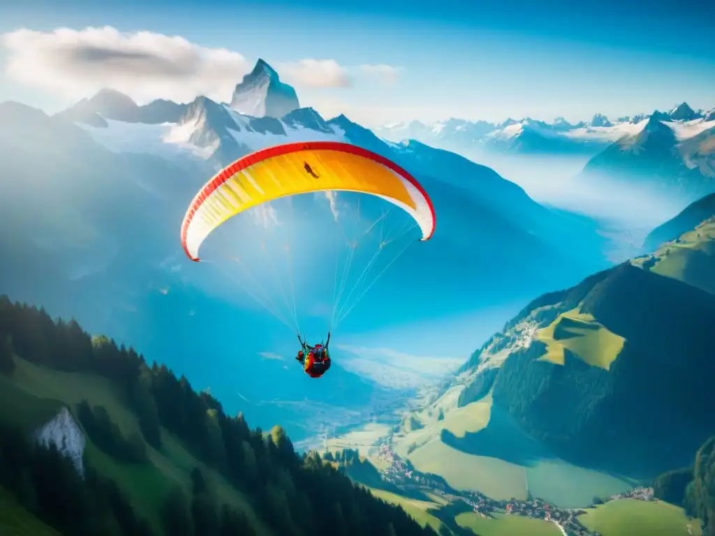 Parapentistas surcando los Alpes suizos, mezclando colores con la nieve