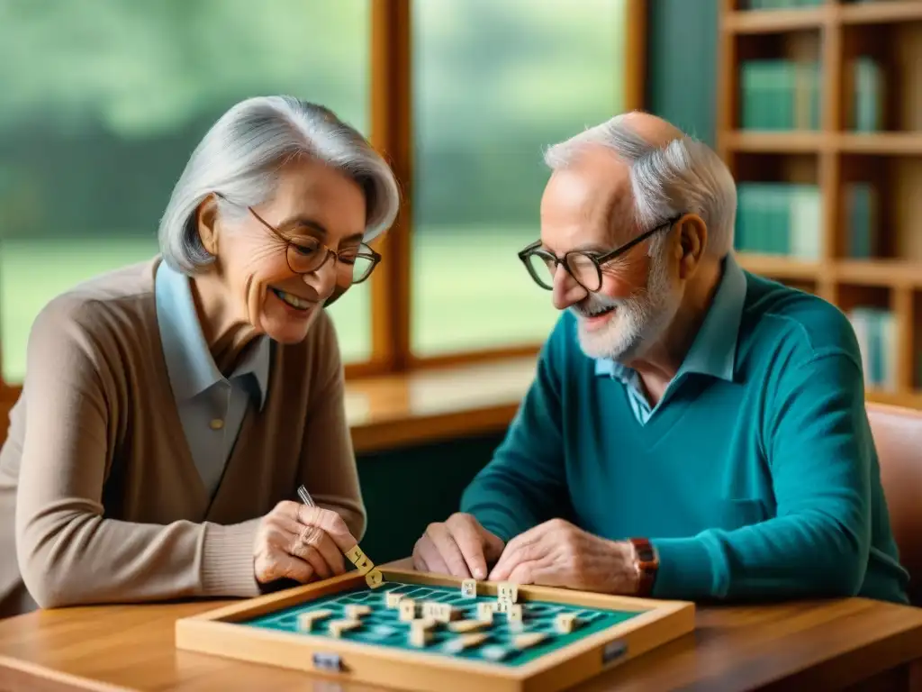 Una pareja de ancianos juega Scrabble en una acogedora habitación llena de libros