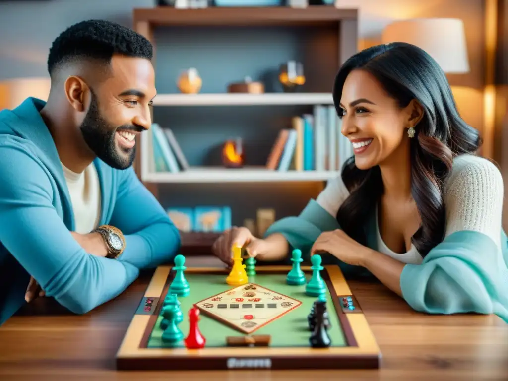 Una pareja disfruta de juegos de mesa para parejas, conectando en armonía y diversión en casa