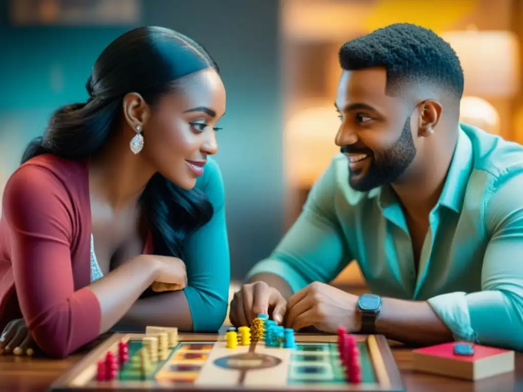 Una pareja disfruta de juegos de mesa para parejas, concentrados y felices durante la partida