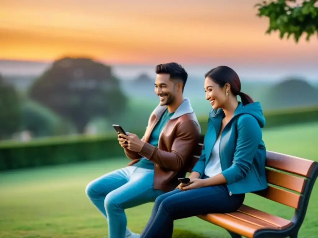 Pareja sonriendo en el parque, disfrutando de juegos móviles juntos al atardecer