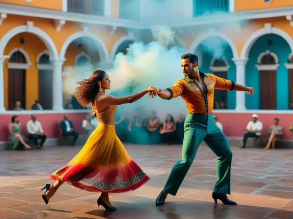 Una pareja bailando salsa con pasión y precisión en una plaza histórica de América Latina