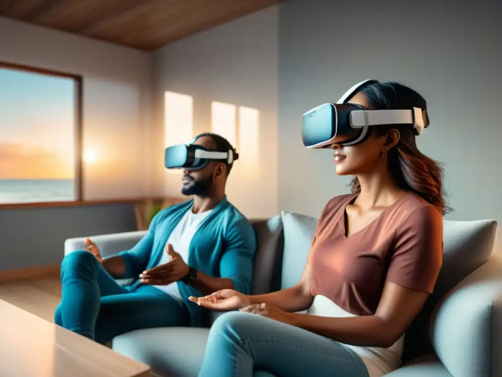 Una pareja en terapia de pareja con realidad virtual, conectados y concentrados en una sesión de terapia en una oficina moderna y acogedora