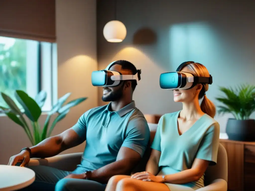 Pareja en terapia de pareja con realidad virtual en consulta terapéutica moderna y calmada