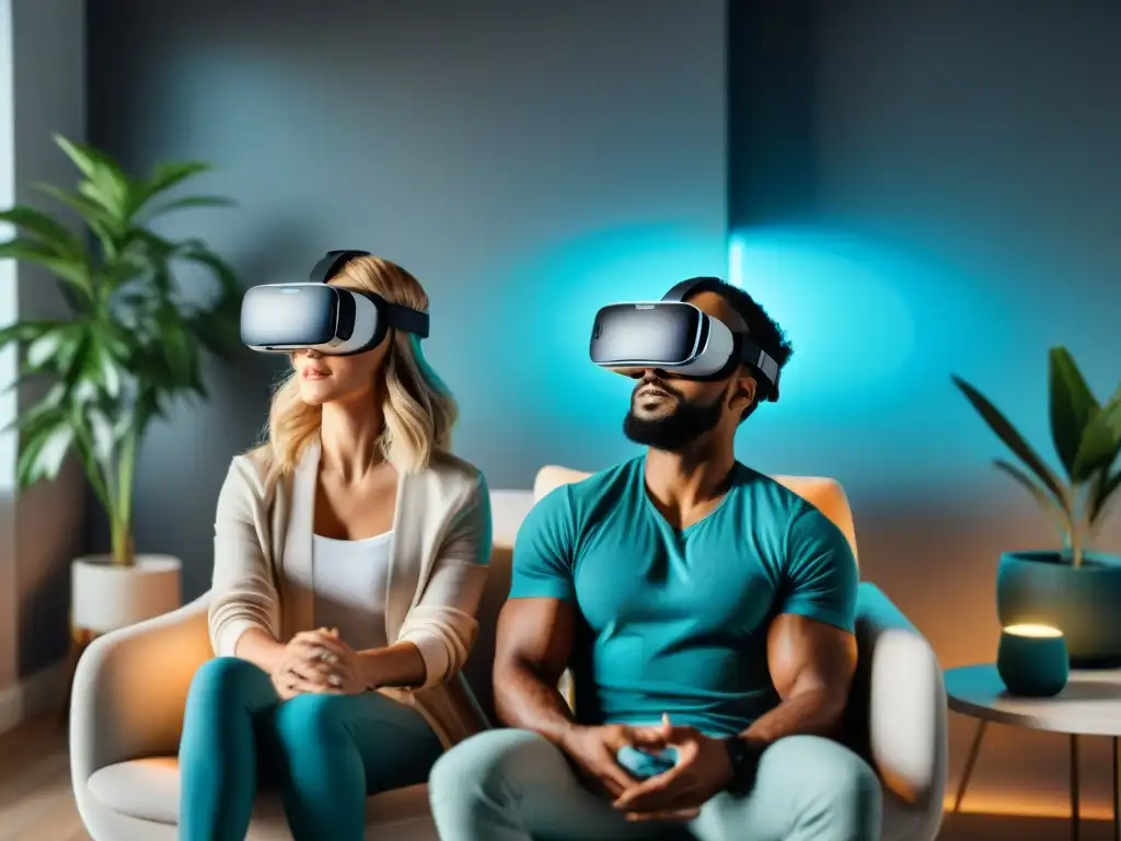 Una pareja se sumerge en la terapia de pareja con realidad virtual, conectados y esperanzados en un entorno terapéutico moderno y calmado