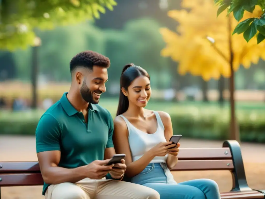 Juegos móviles parejas distancia: Pareja joven disfruta conectada en la distancia a través de sus teléfonos en un parque soleado