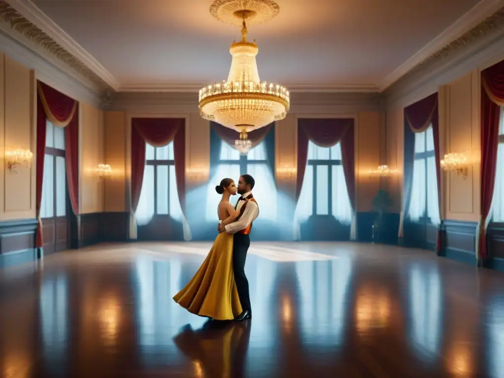 Parejas elegantemente vestidas bailan al ritmo de la música en un salón lleno de historia, evocando la conexión entre juegos de salón y baile