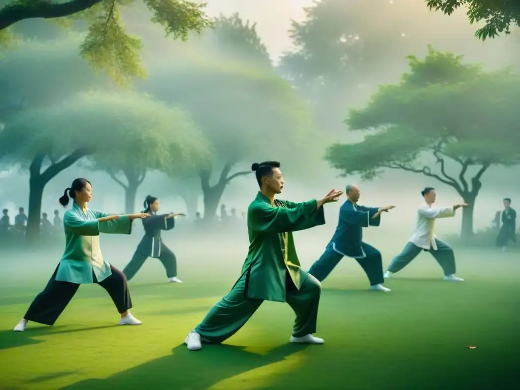 Práctica de Tai Chi al amanecer en parque verde con neblina, enfocados y en armonía