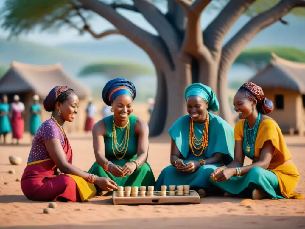 Participación de mujeres en juegos tradicionales africanos bajo baobab centenario