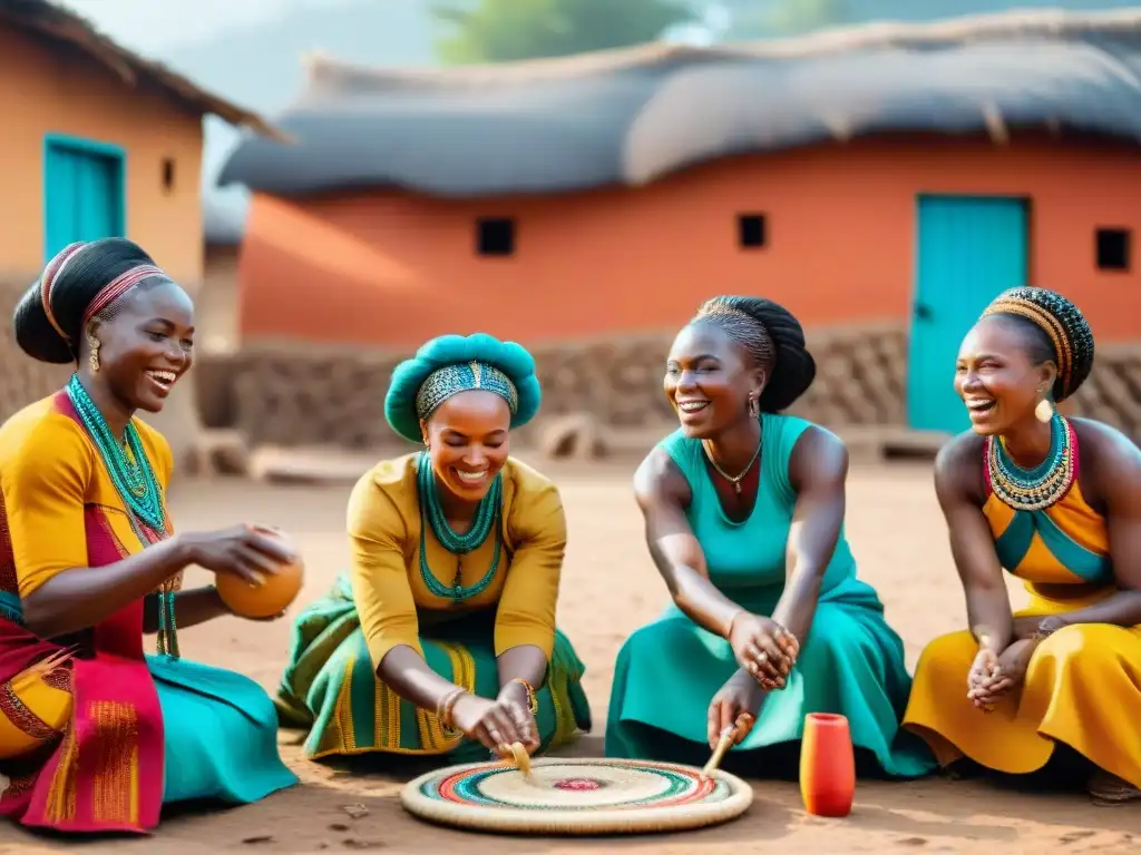 Participación de mujeres en juegos tradicionales africanos en un vibrante pueblo, con atuendos coloridos y ambiente de unidad comunitaria