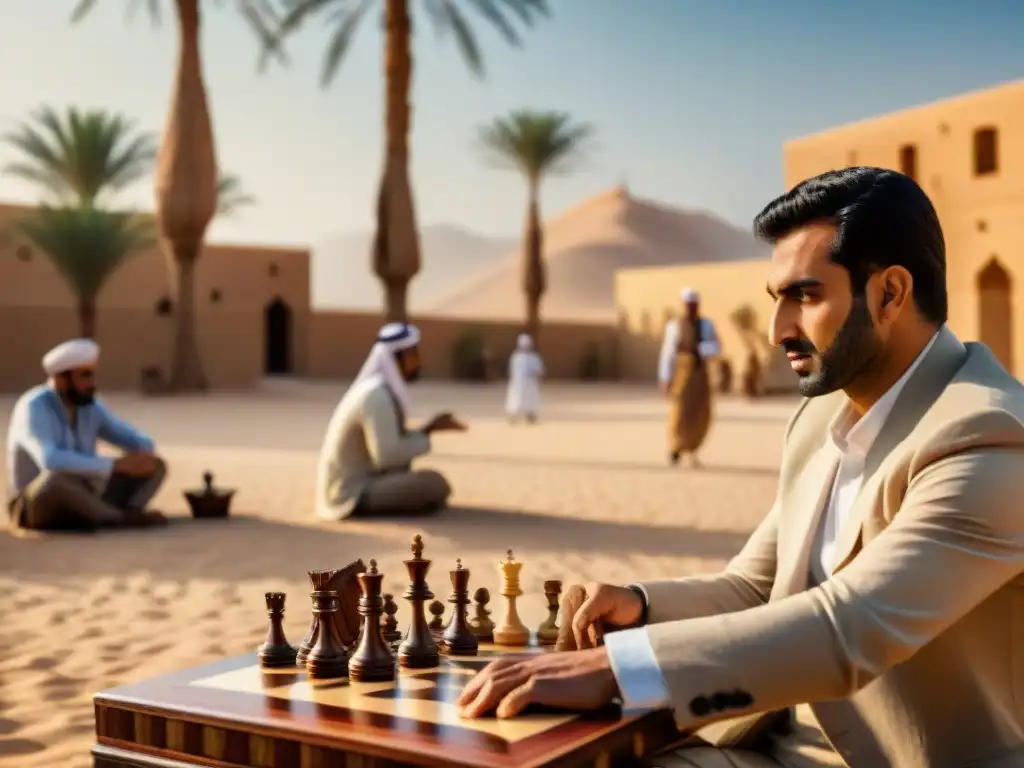 Partida de ajedrez intensa bajo una palmera majestuosa en el desierto, rodeados de arquitectura árabe