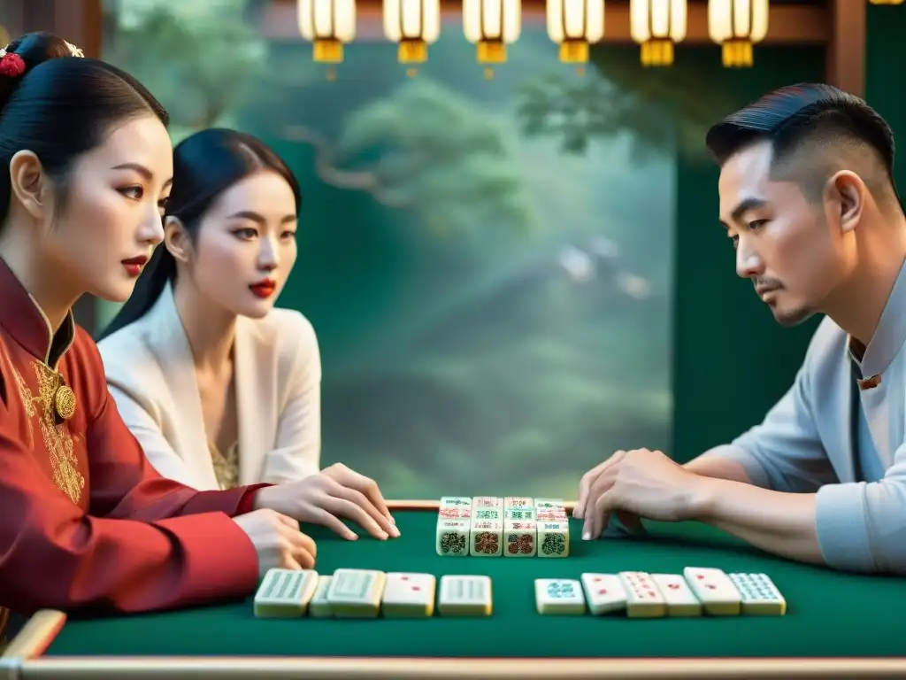 Una partida de Mahjong entre amigos, con detalles y tradiciones chinas, reflejando la historia de los juegos de cartas populares en Asia