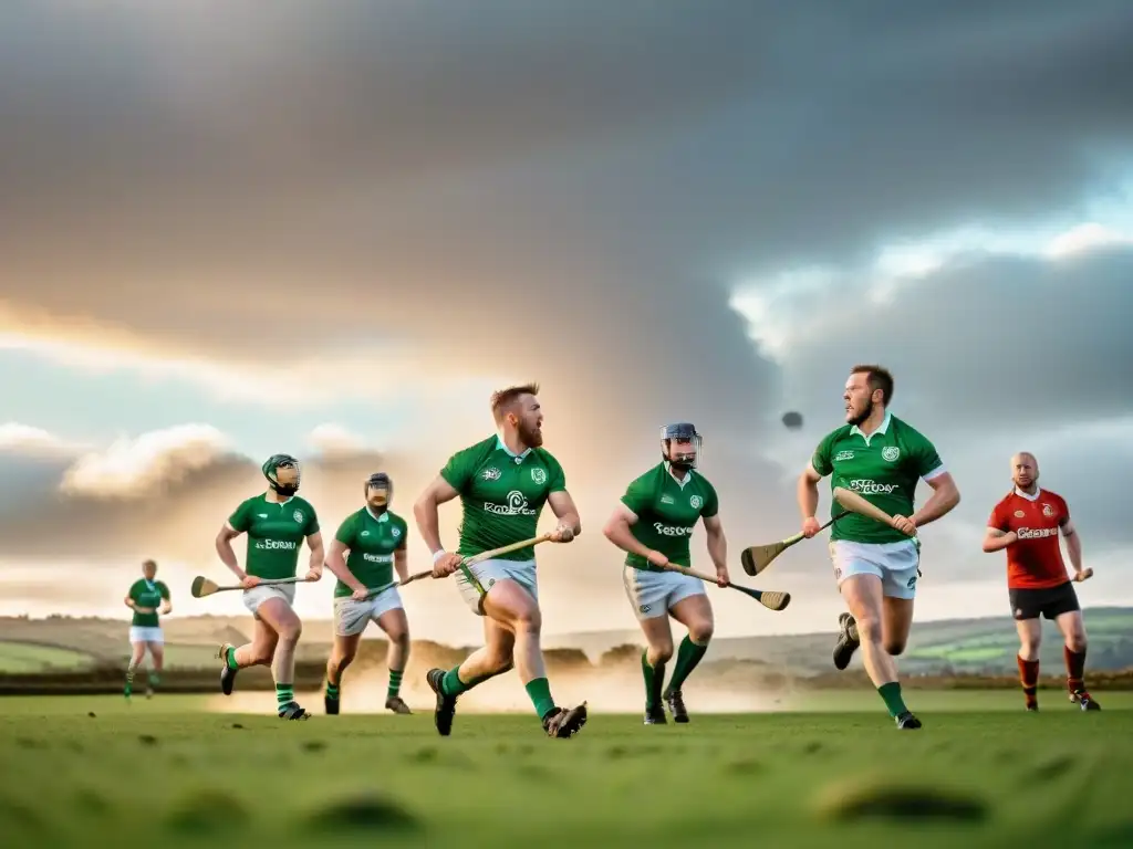 Partida apasionada de hurling en campo verde al atardecer, preservación de deportes autóctonos históricos