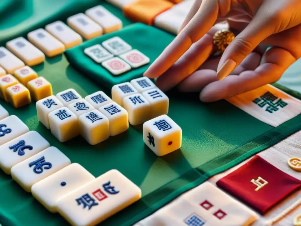 Una partida de Mahjong, con jugadores concentrados en una mesa de seda, refleja la historia del Mahjong en culturas