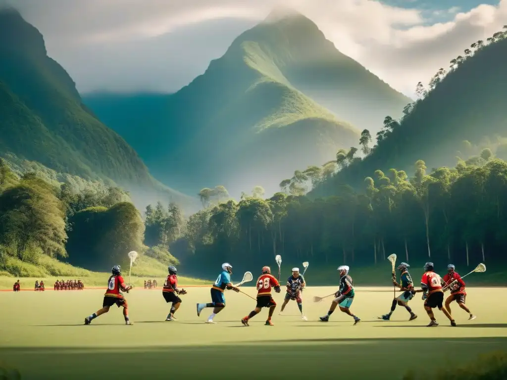 Partida de lacrosse tradicional con jugadores indígenas en campo verde rodeado de bosques