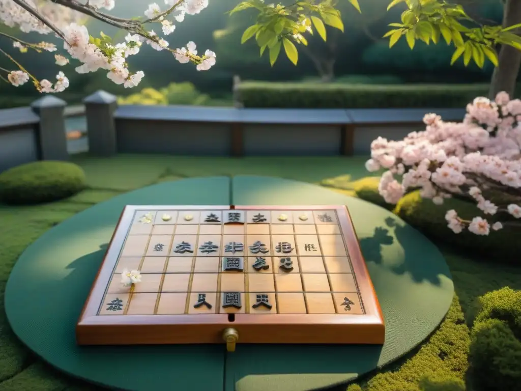 Partida de Shogi en jardín japonés: conexión espiritual entre jugadores de kimonos ante tablero de madera tallada