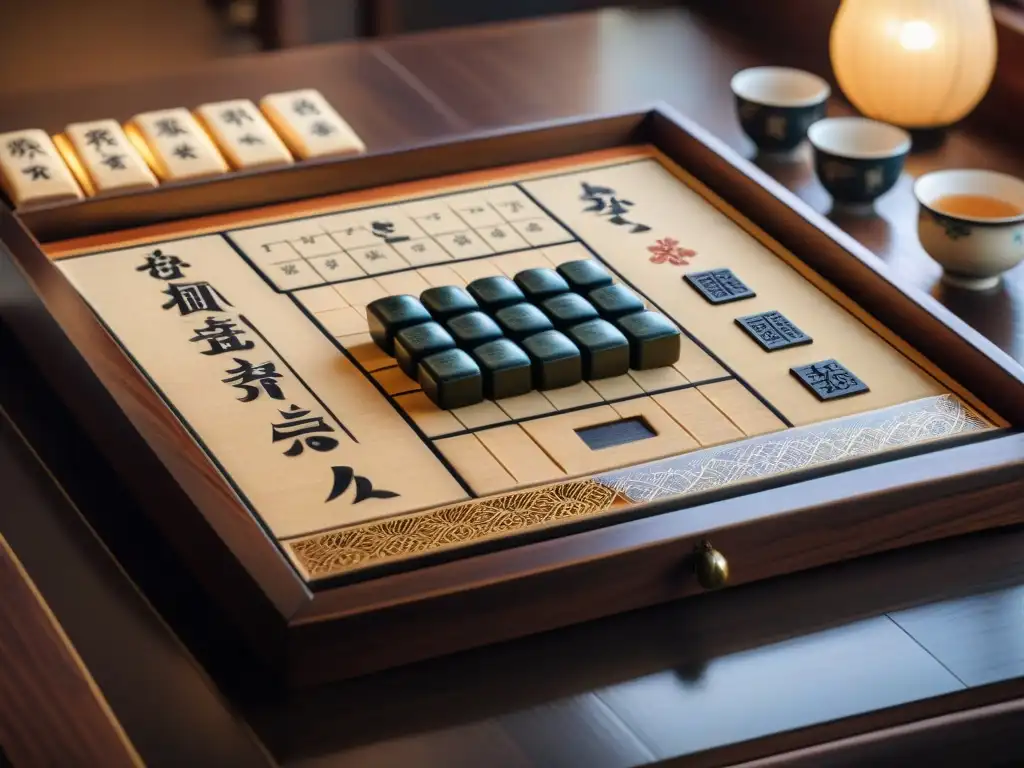 Una partida de Shogi en un tablero japonés rodeado de elementos tradicionales, destacando la estrategia y la historia del juego